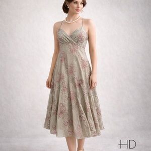 Vasna Boho Embroidered Cotton Twirl Dress Empire Waist Floral Cottagecore Size L